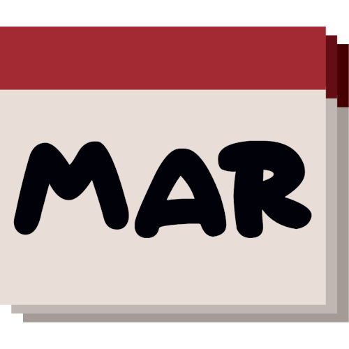 A simple, stylized representation of a calendar page. The main section of the calendar is a light gray square with the letters 'MAR' printed in large, bold, black font, indicating the month of March. Above this, there is a horizontal maroon header. Behind the front page, there are two additional pages slightly offset to the right and down.